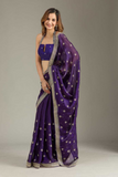 Purple Soft Fancy Chiffon Saree with Zari Pallu & Hand Stone Work