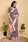 Navy Blue Jacquard Patta Linen Cotton Saree with Copper Border & Artistic Block Print Pallu