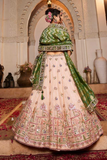 Peach Tissue Embroidered Lehenga Choli with Green Dupatta