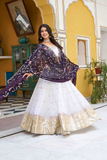 White & Purple Crunchi Embroidered Lehenga with Dupatta