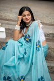 Blue Blossom Linen Saree