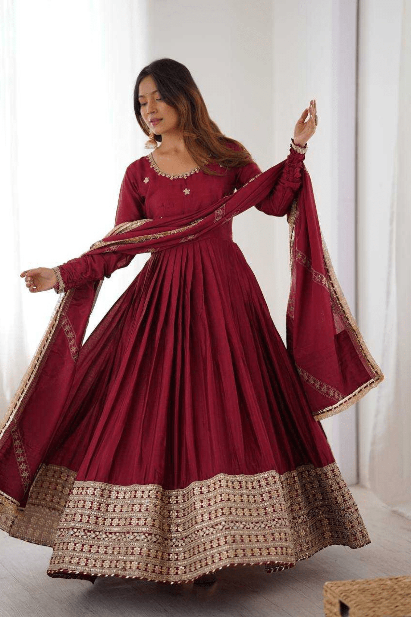 Maroon Chinon Silk Embroidered Anarkali Gown Set with Dupatta - kavyo.in