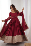 Maroon Chinon Silk Embroidered Anarkali Gown Set with Dupatta - kavyo.in