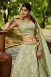 Pastel Green Tissue Embroidered Bridal Lehenga Choli with Dupatta