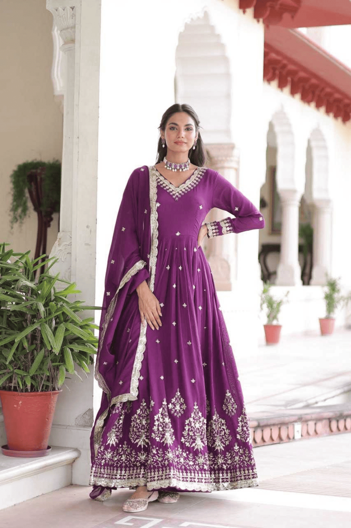 Purple Royal Vichitra Silk Anarkali Gown Set - kavyo.in