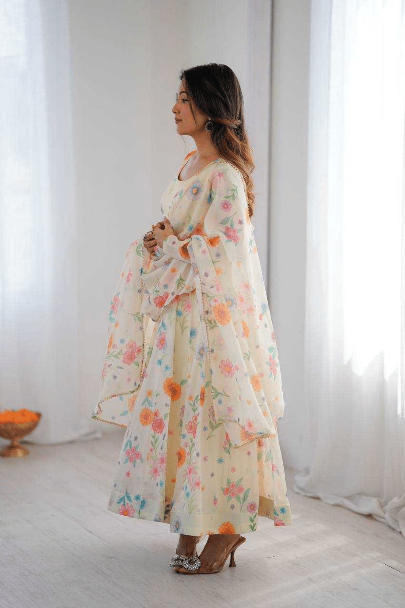 Pastel Floral Organza Anarkali Gown Set with Dupatta & Pant - kavyo.in