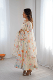 Pastel Floral Organza Anarkali Gown Set with Dupatta & Pant - kavyo.in