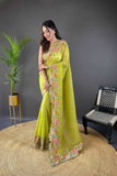 Elegant Soft Glossy Silk Saree with Floral Cross Stitch Embroidery & Cutwork Border