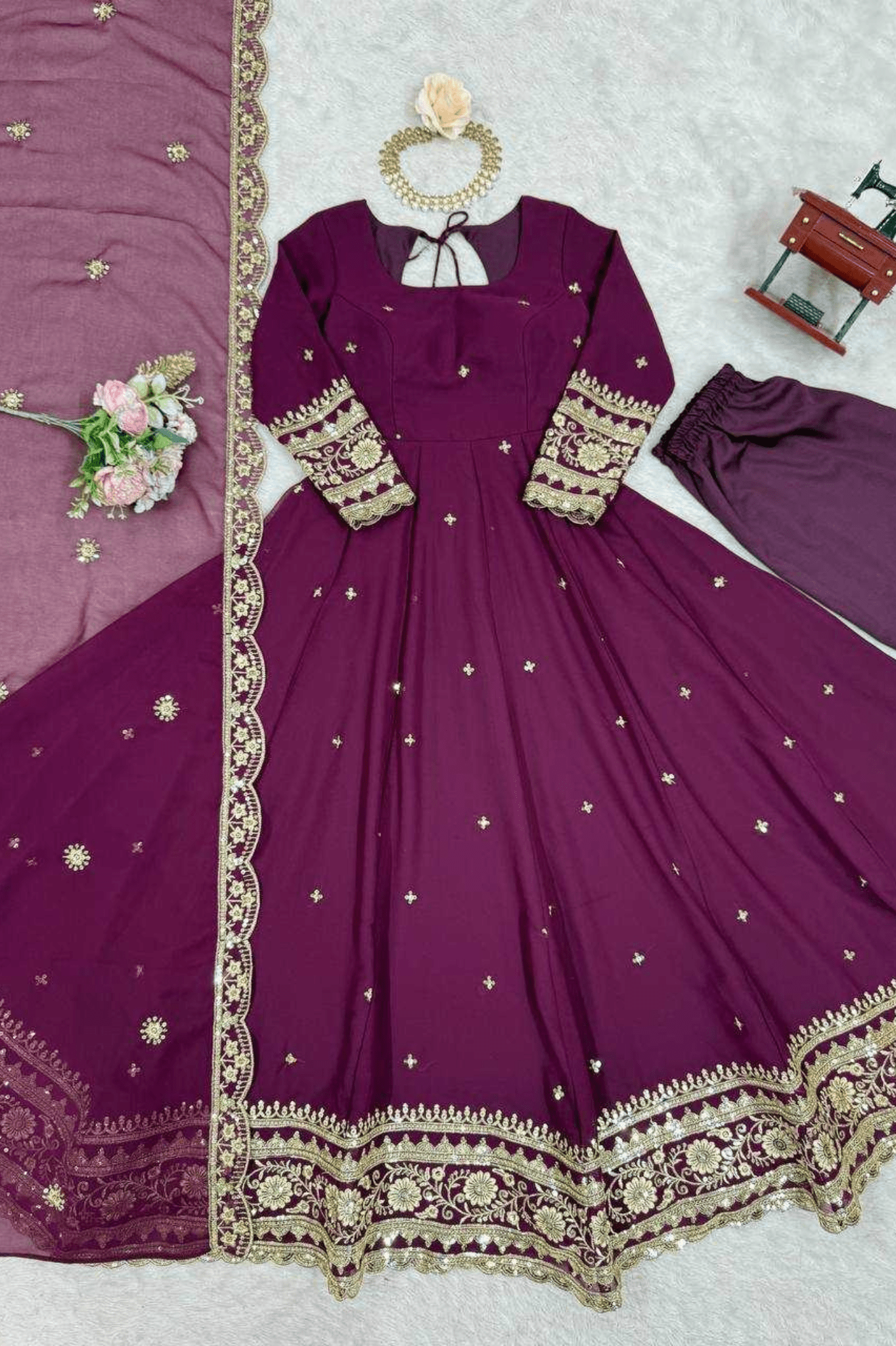 Regal Charm Faux Georgette Embroidered Gown Set with Dupatta - kavyo.in