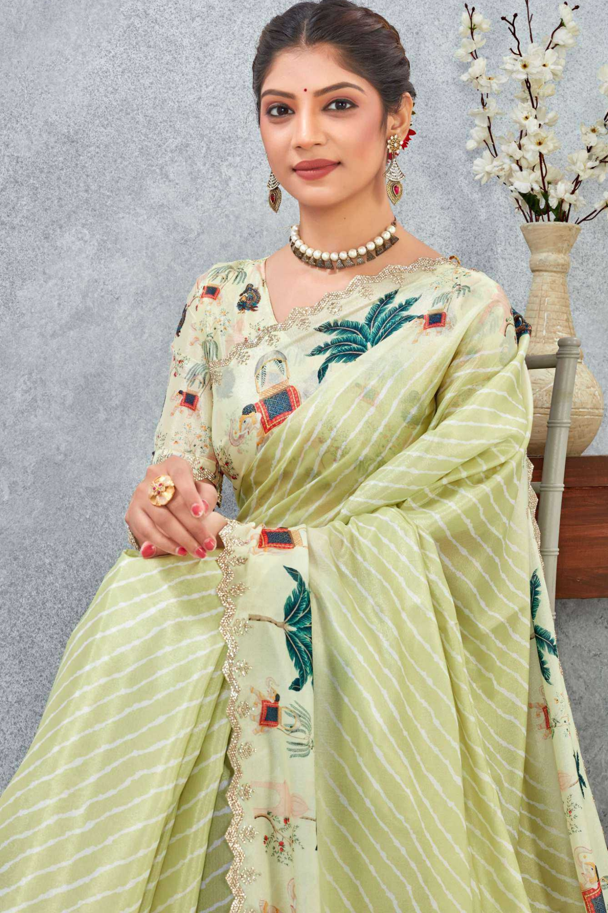 Soft Georgette Printed Saree with Elegant Lace Border & Artistic Motifs