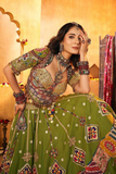 Green Muslin Cotton Navratri Lehenga Choli with Real Mirror & Kodi Work