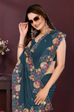 Teal Blue Soft Georgette Saree with Multicolor Embroidery Cutwork Border