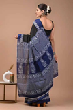 Elegant Black & Blue Linen Saree with Digital Print
