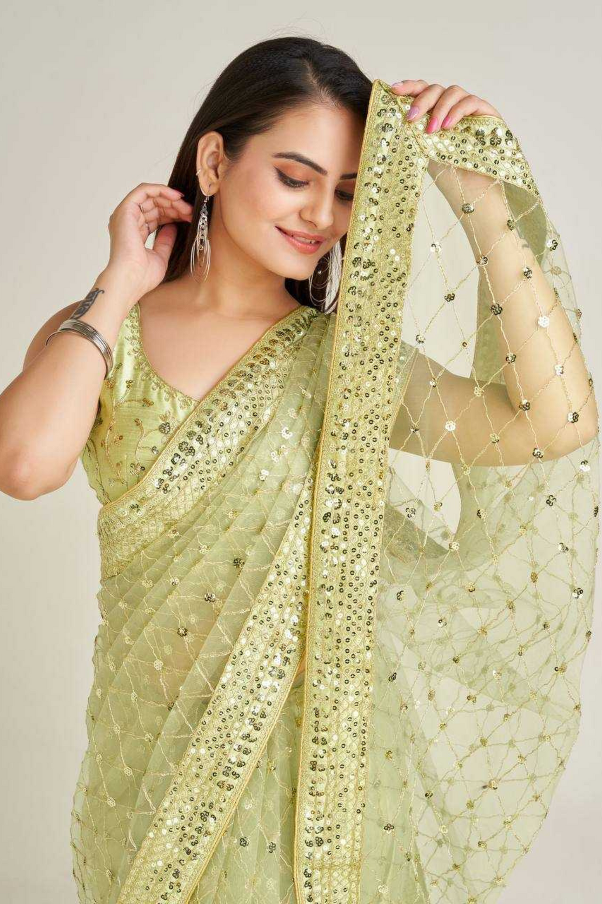 Elegant Net Saree with Sequins & Dori Work