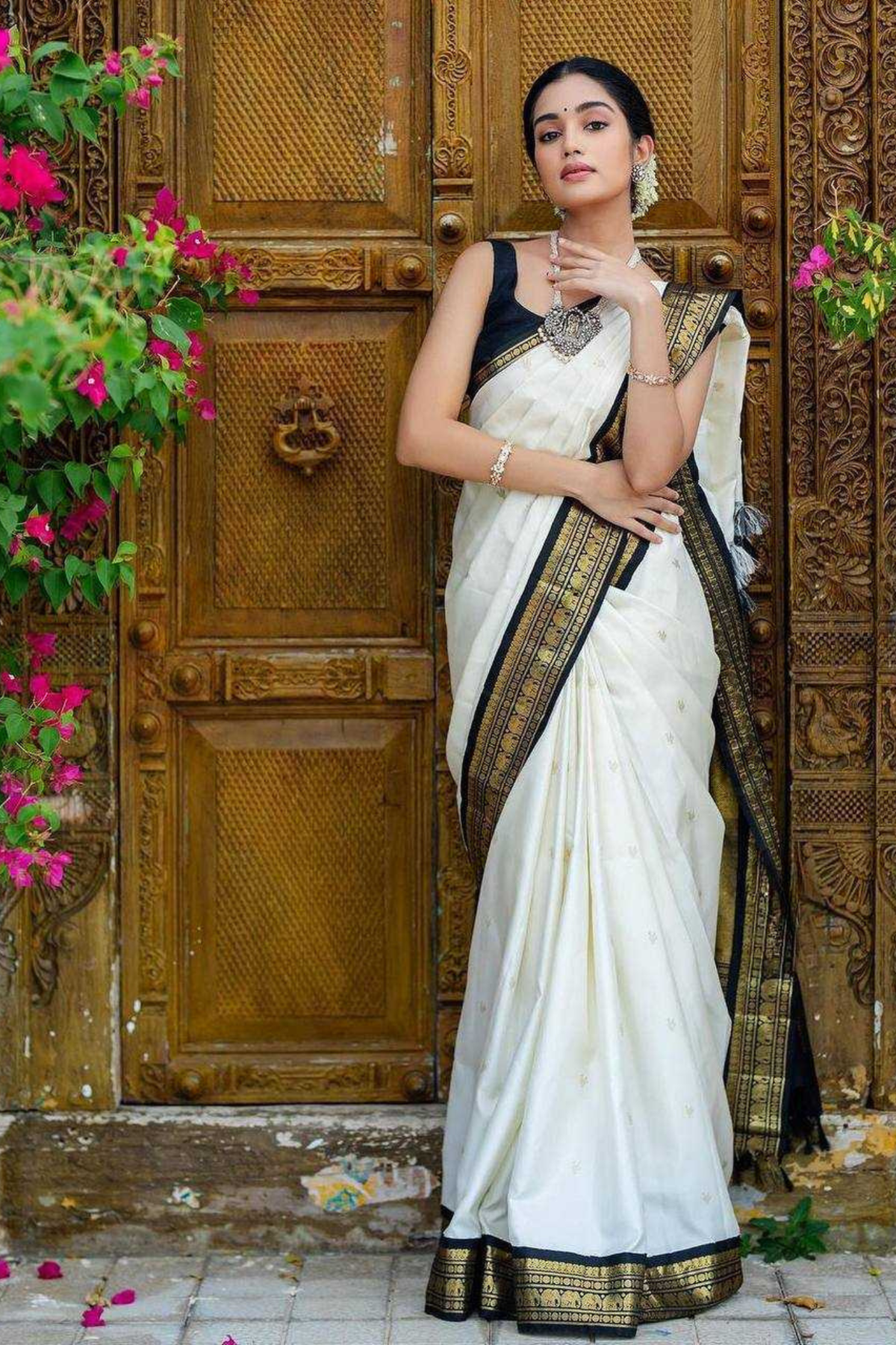Soft Lichi Silk White Saree with Black & Golden Jacquard Border