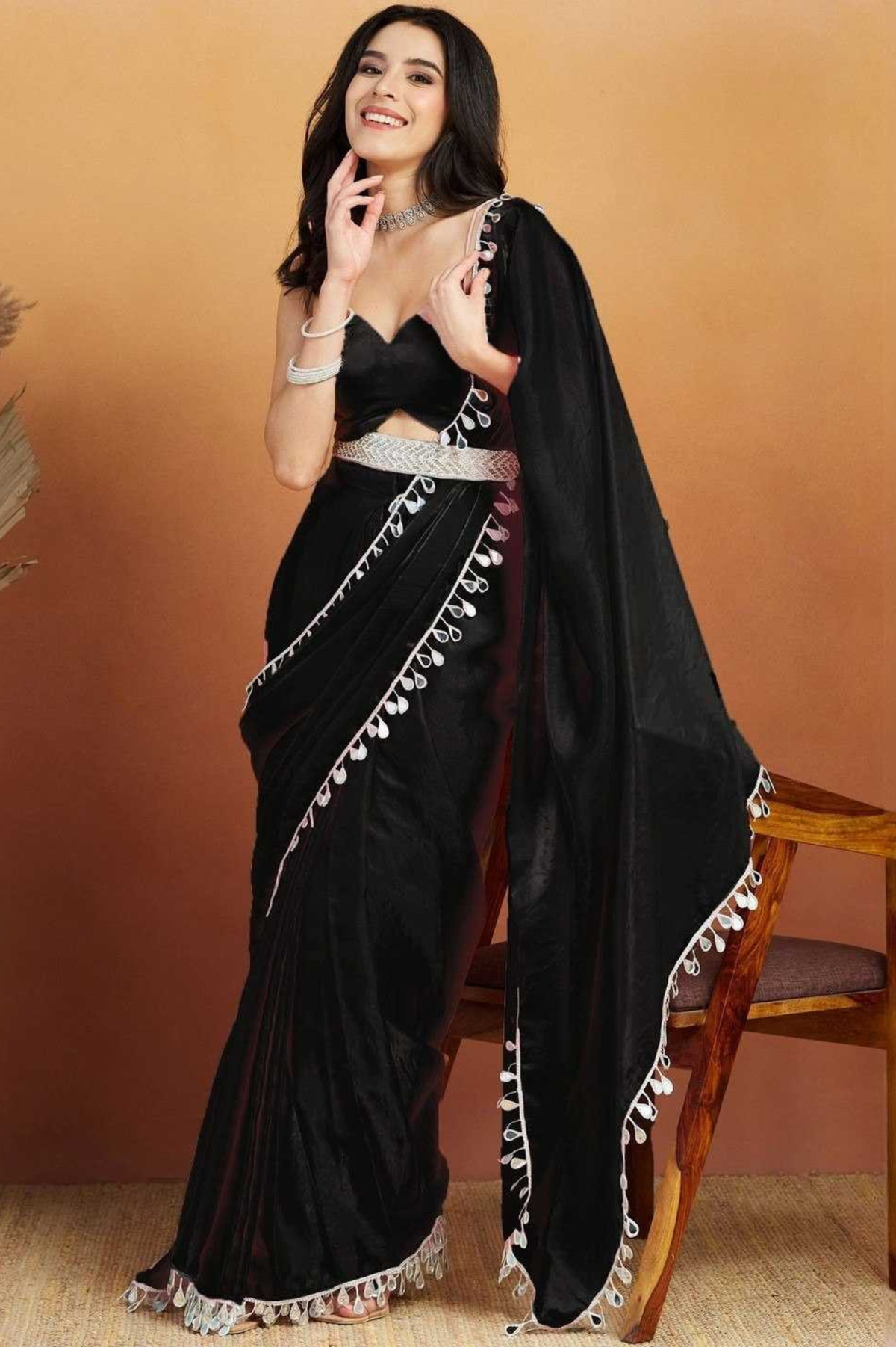 Fendy Satin Silk Mirror Lace Saree