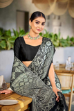 Black Original Semi Gajji Silk Saree with Ajrakh Print Border & Rich Pallu