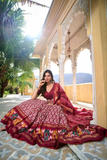 Red White Patola Tussar Silk Foil Work Lehenga Set