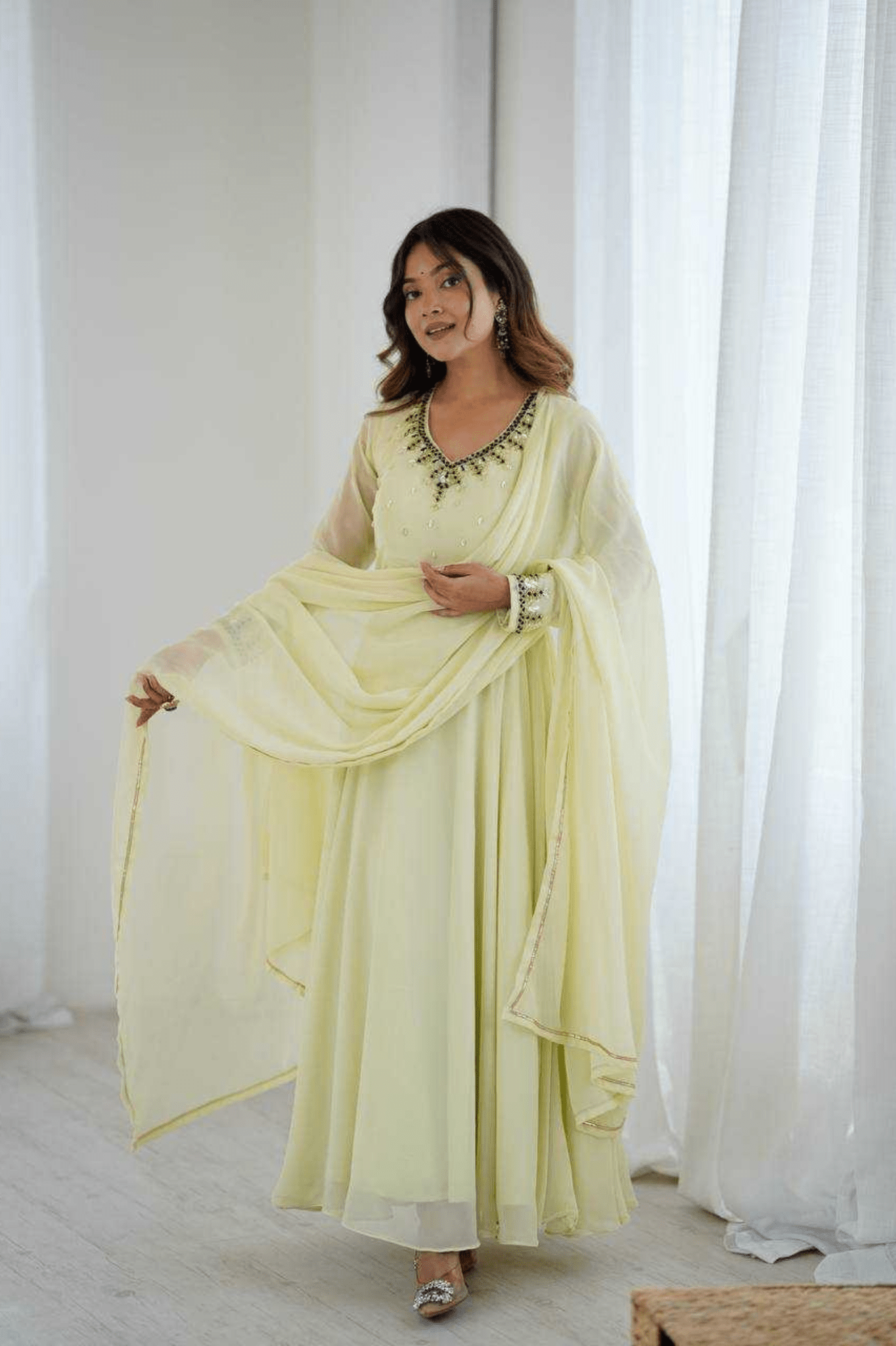 Elegant Lemon Yellow Fox Georgette Handwork Anarkali Suit Set - kavyo.in
