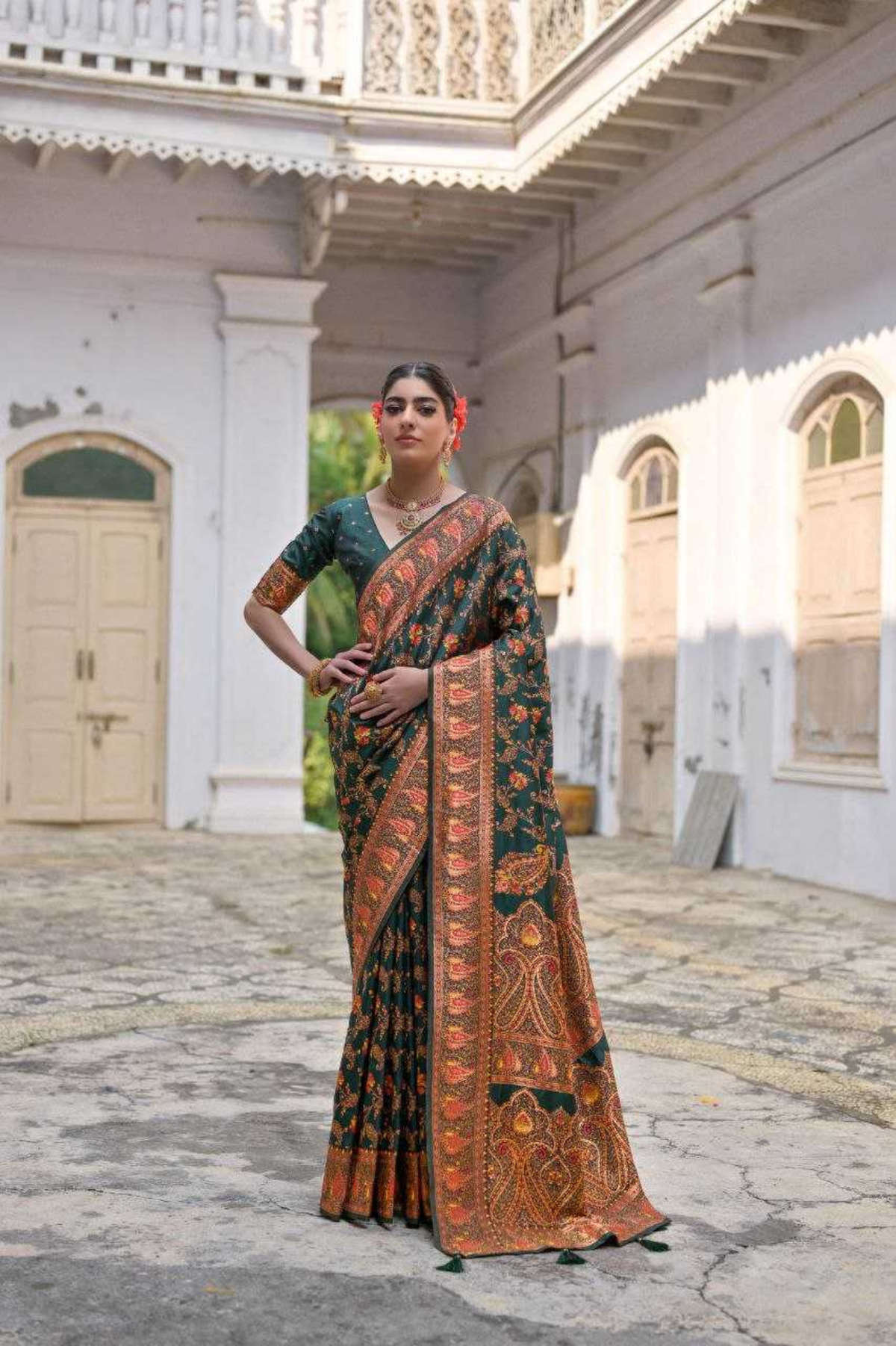 Dark Green Extra Soft Pashmina Silk Saree with Kashmiri Jal Weaving & Zari-Meena Work