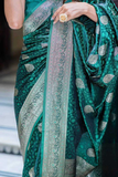 Green Soft Lichi Silk Saree with Rich Zari Pallu & All-Over Jacquard Weave