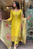 Yellow Viscose Organza Embroidered Kurti Set with Jacquard Dupatta