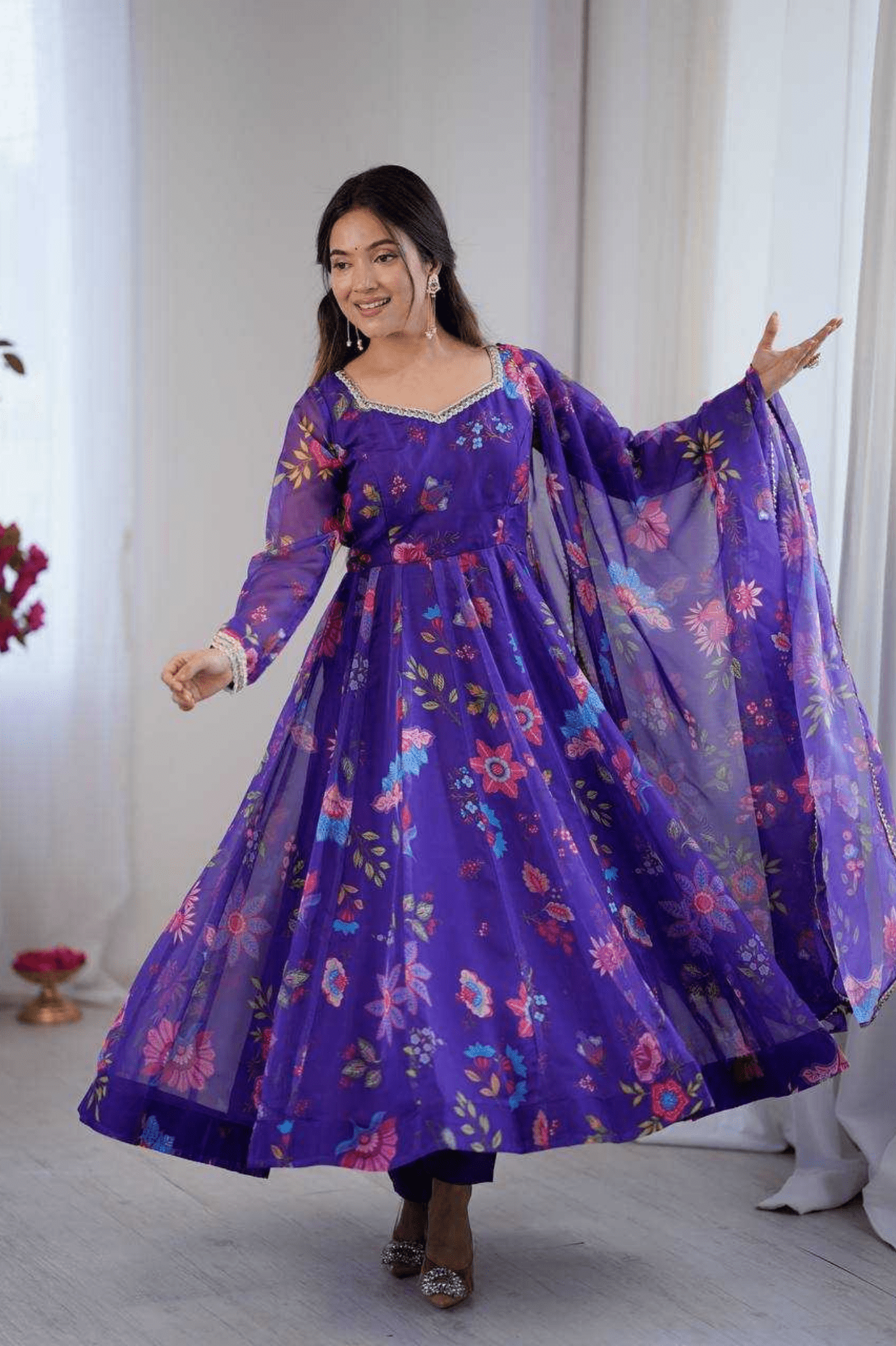 Royal Bloom Organza Floral Anarkali Gown Set - kavyo.in