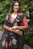 Black Soft Chanderi Cotton Saree with Embroidery & Zari Patti Border