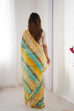 Yellow Heavy Smooth Marble Chiffon Leriya Print Saree with Zari Work & Mirror Border