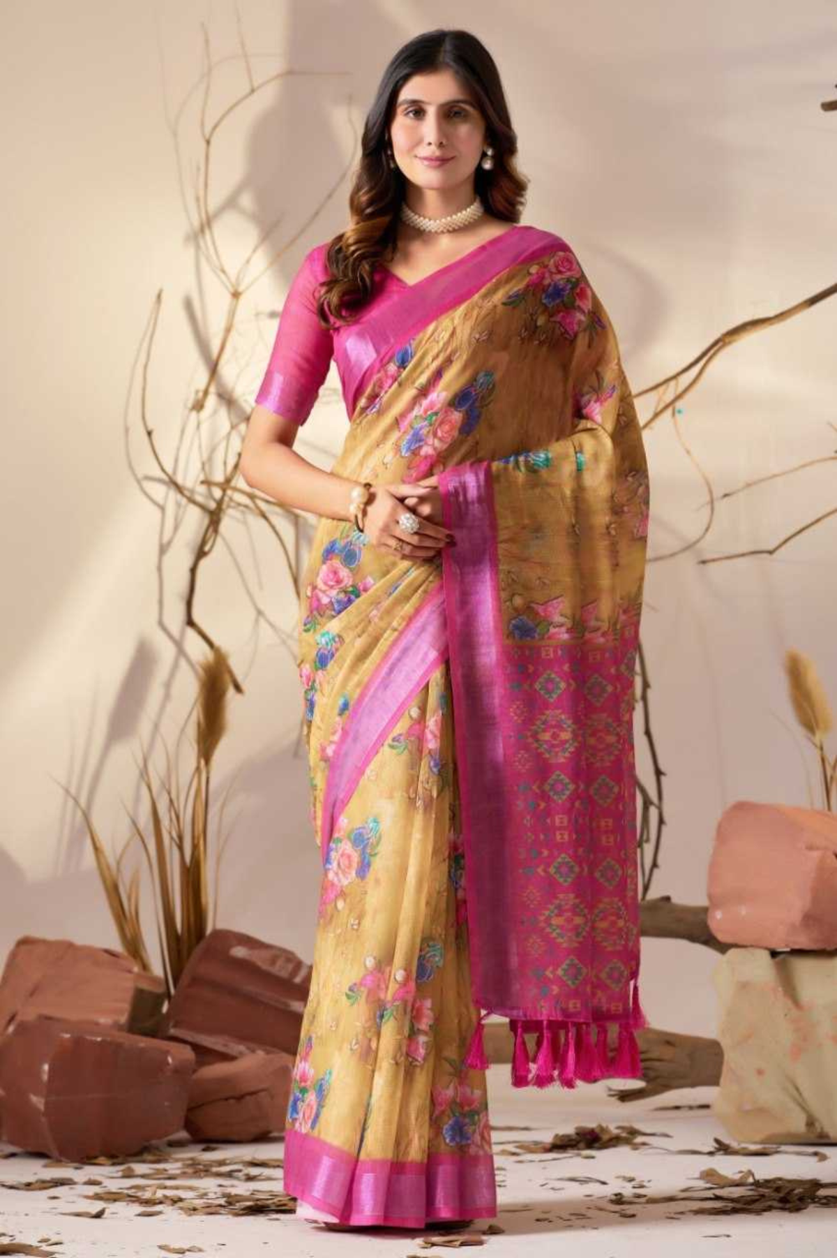 Mustard Bloom Premium Linen Cotton Floral Print Saree