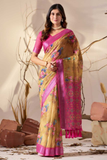 Mustard Bloom Premium Linen Cotton Floral Print Saree