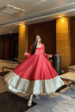 Peach Chinon Silk Anarkali Set with Pant & Lace Dupatta - kavyo.in