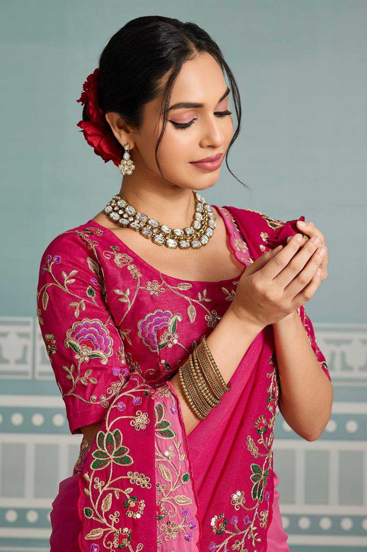 Soft Star Georgette Saree with Embroidered Cutwork Aarco Border & Banglory Silk Blouse