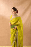 Lime Aura Soft Zimmy Chu Silk Embroidered Saree with Designer Blouse - kavyo.in