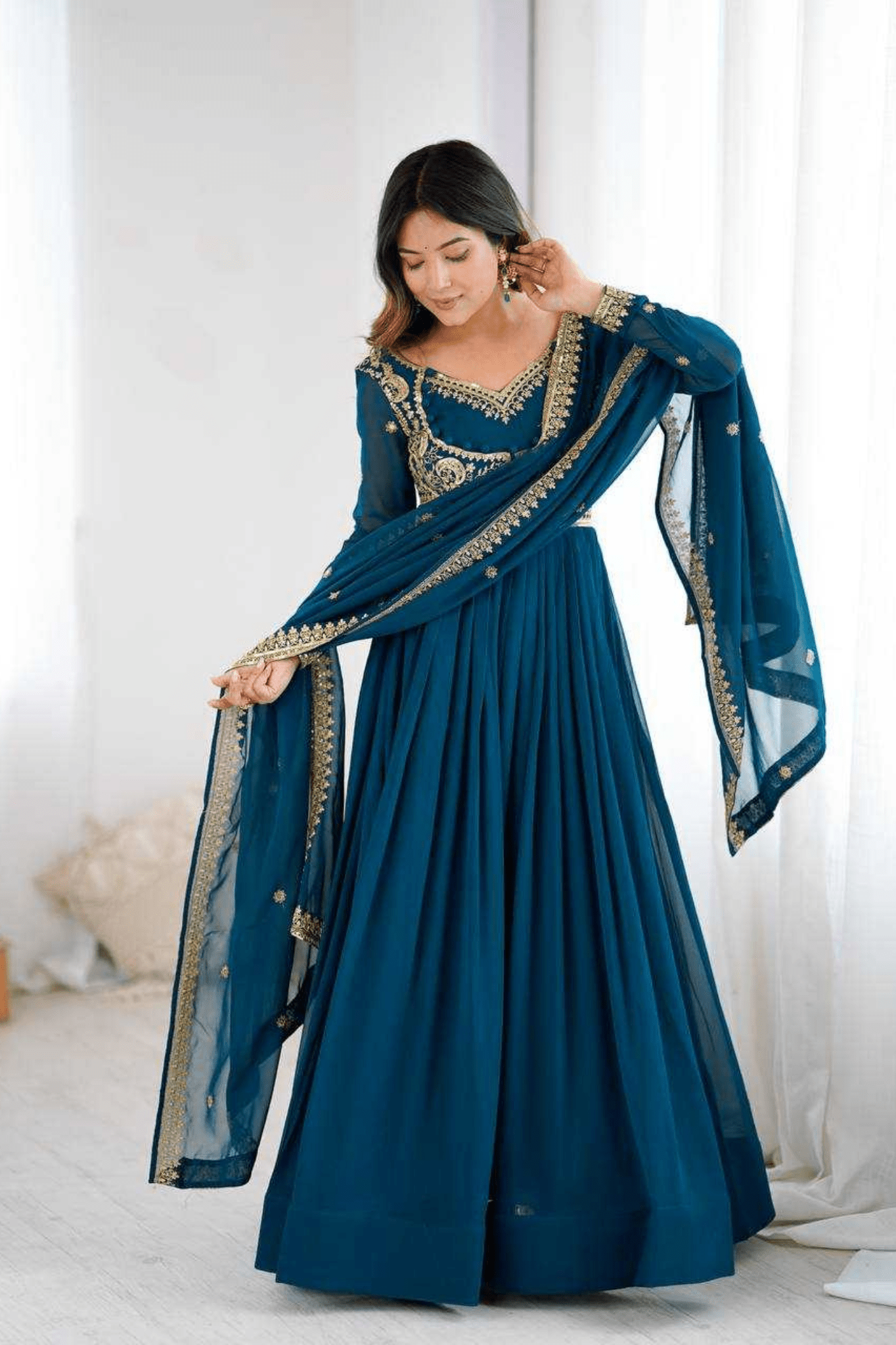 Teal Royale Faux Georgette Embroidered Suit Set with Dupatta - kavyo.in
