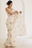 Plain Linen White Saree with Digital Floral Print & Matching Blouse