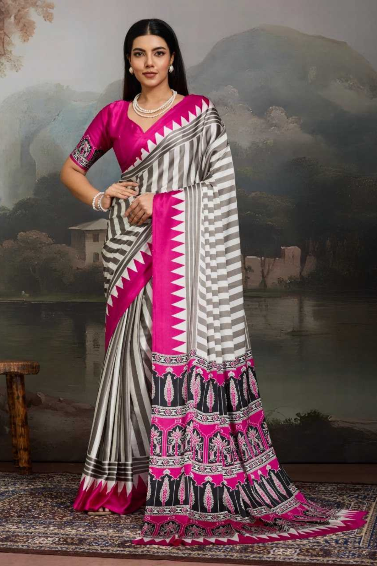 Pink Ajrakh Noir Pure Modal Satin Printed Saree
