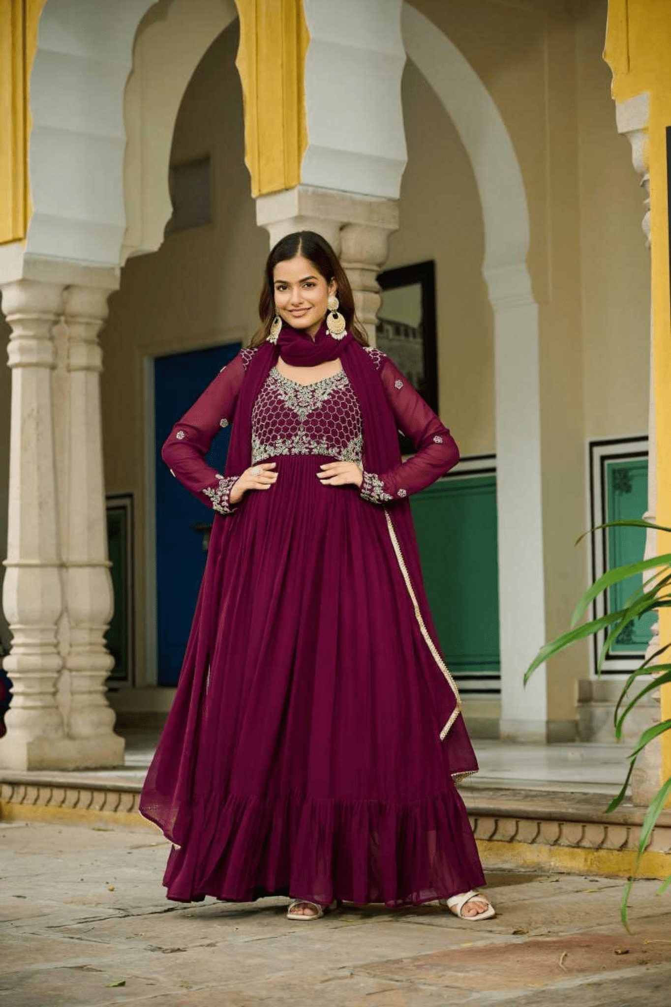 Wine Grace Faux Blooming Anarkali Gown with Designer Dupatta - kavyo.in