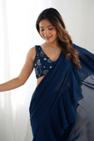 Elegant Navy Blue Pure Georgette Sharara Saree with Sequin Embroidered Blouse