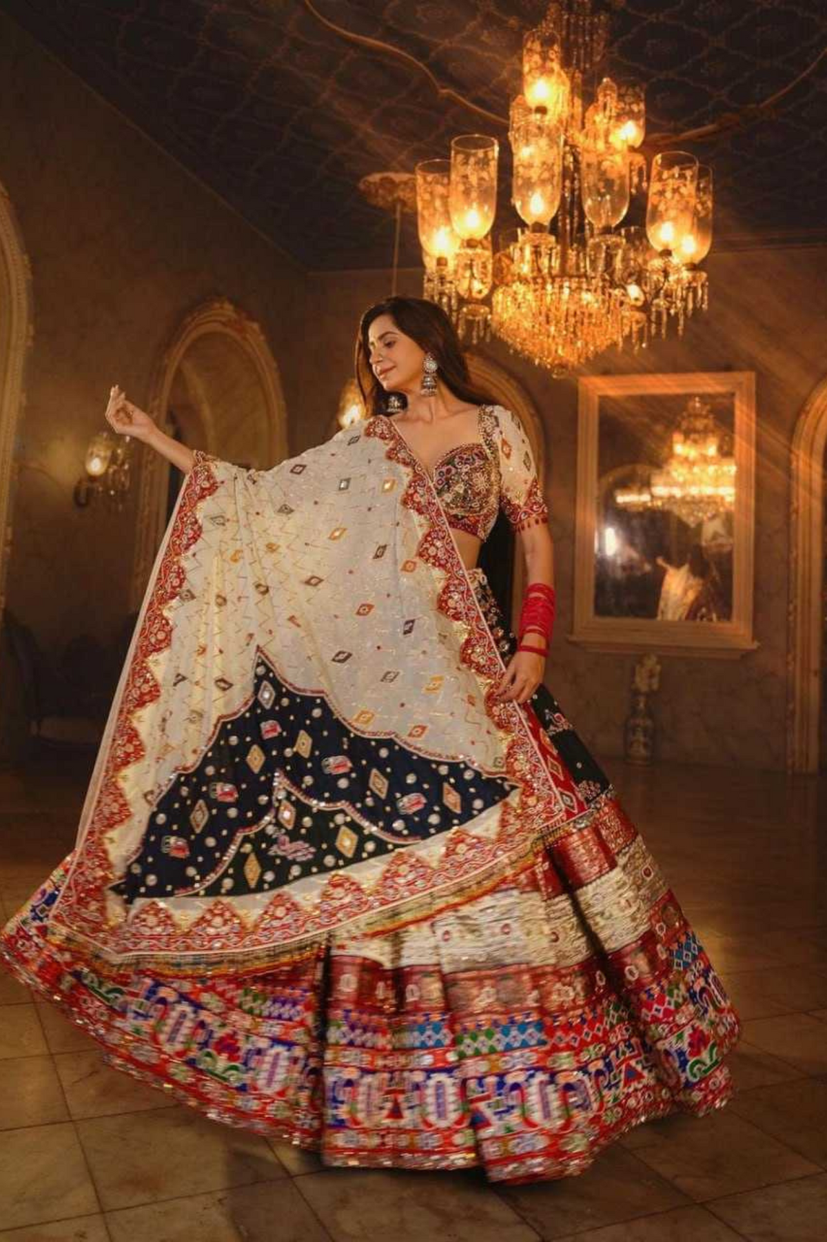 Soft Butter Silk Navratri Lehenga with Real Mirror & Digital Print Work