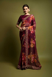 Maroon Floral Georgette Saree with Golden Embroidered Lace Border