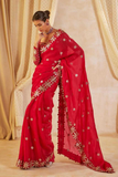 Red Faux Georgette Saree with Heavy Sequin Embroidery and Mirror Lace Border