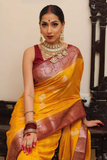 Sunheri Banarasi Lichi Silk Gold Buti Woven Saree