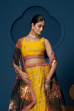 Mustard Yellow Georgette Lehenga with Floral Organza Dupatta