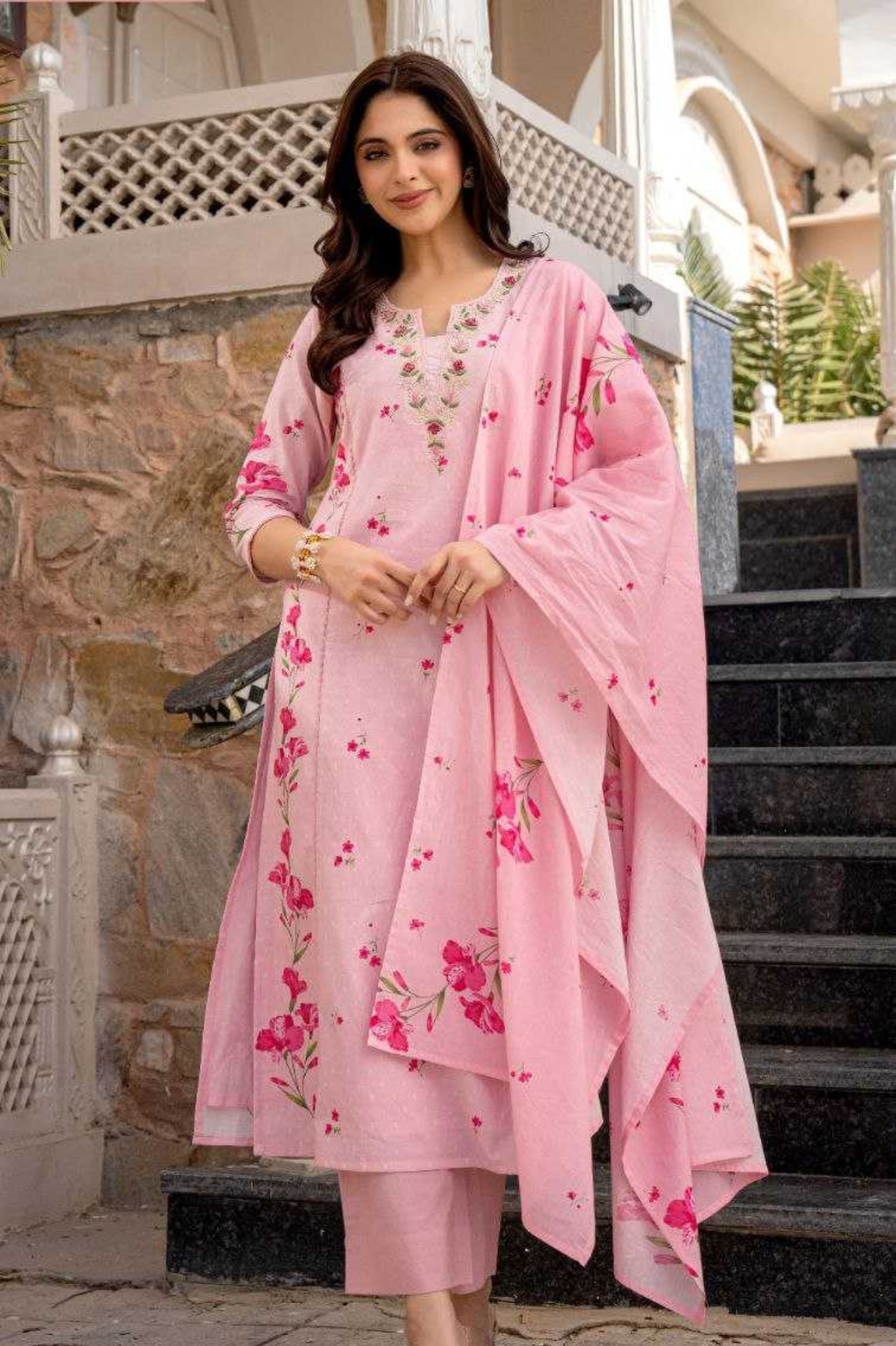 Blush Bloom A-Line Chanderi Silk Butti Suit Set