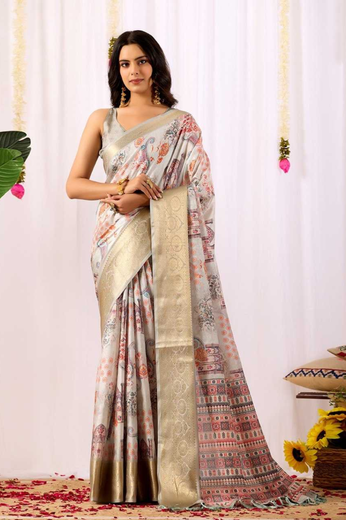 Silver Mughal Soft Lichi Silk Ethnic Print Saree