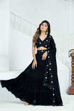 Elegant Black Pure Faux Georgette Embroidered Lehenga Set