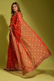 Red Georgette Chiffon Saree with Floral Foil Print and Embroidered Lace Border