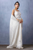 Elegant White Organza Saree with Intricate Thread Embroidery & Cutwork Border
