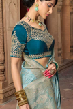 Sky Blue Kira Kaya Pure Satin Fancy Saree
